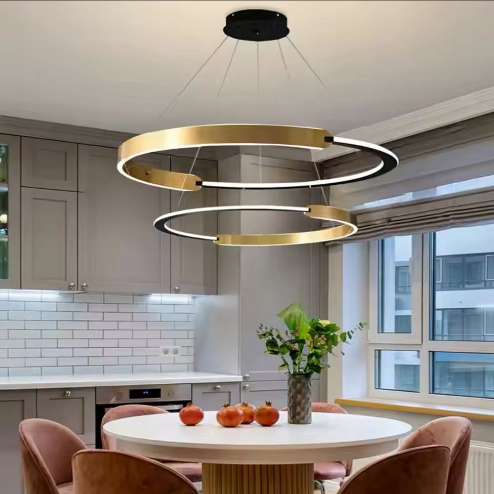 LED chandelier with 2 rings, 60+40 cm, in black and gold