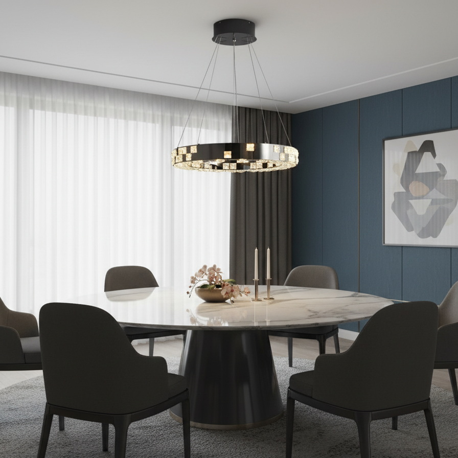 LED chandelier in a graphite body with transparent crystal