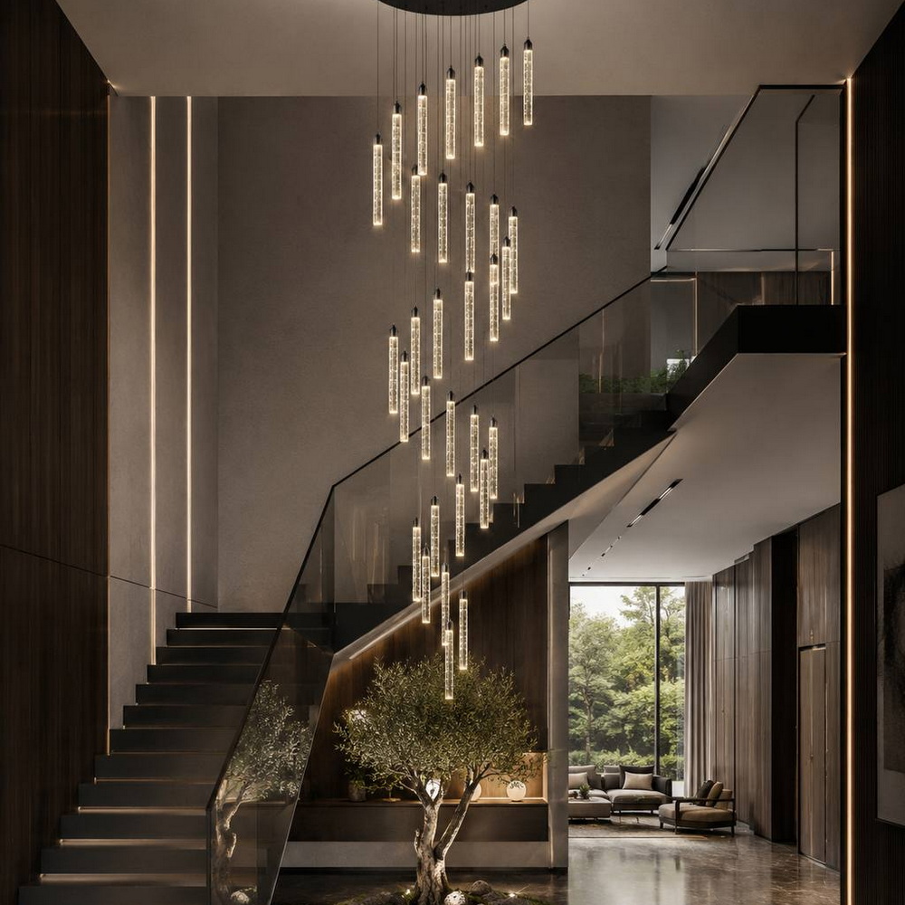 A 48-light chandelier for a staircase in a black frame