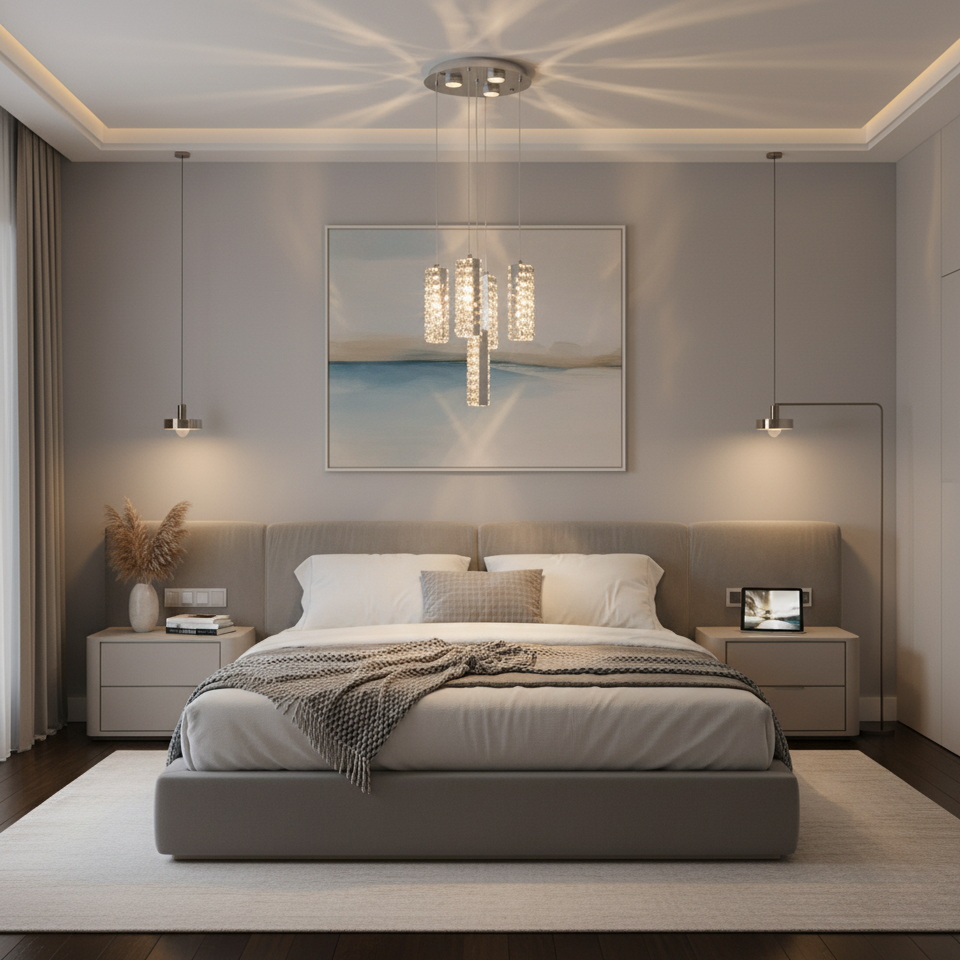 Хрустальная светодиодная люстра на 5 подвесов в хроме