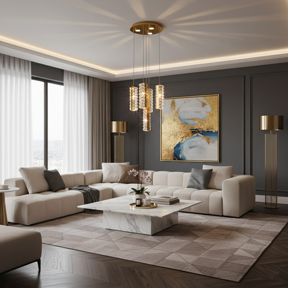 Хрустальная светодиодная люстра на 5 подвесов в золоте — изображение 4