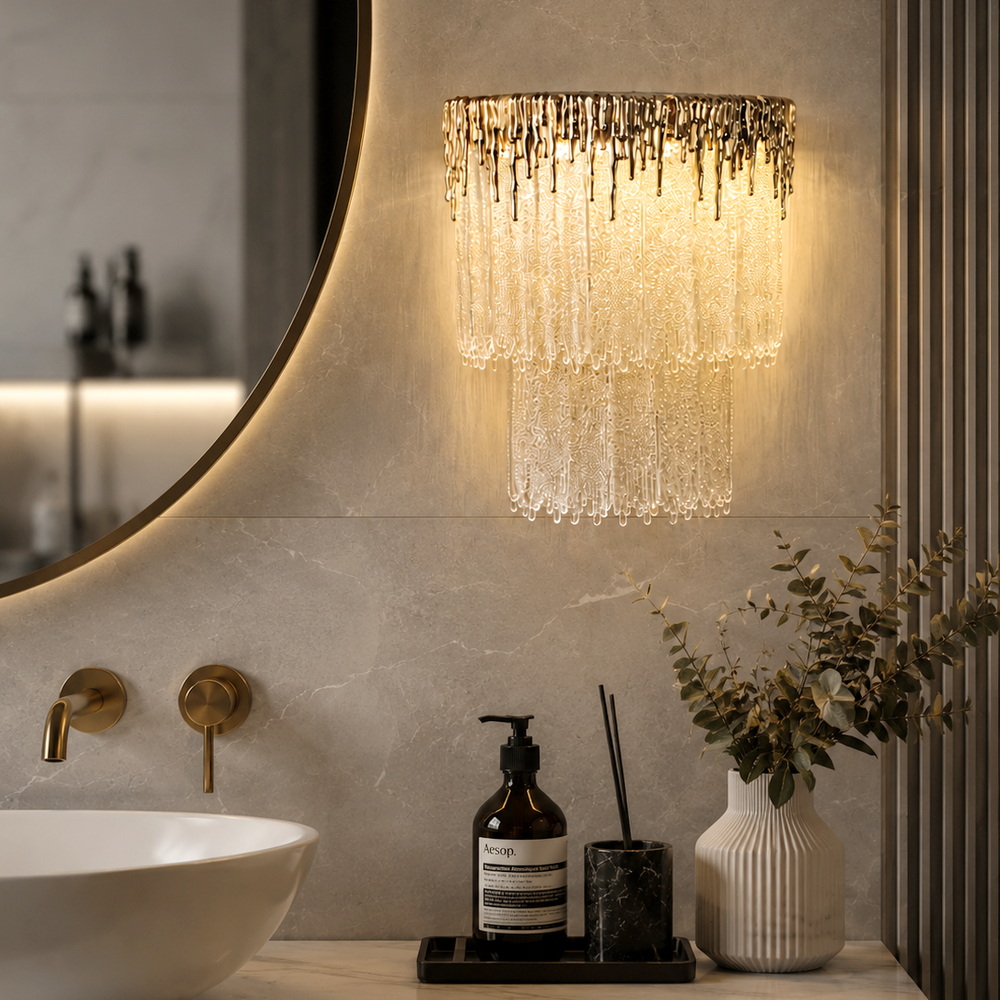 Gold LED sconce with a sugar glass pendant - Image 2