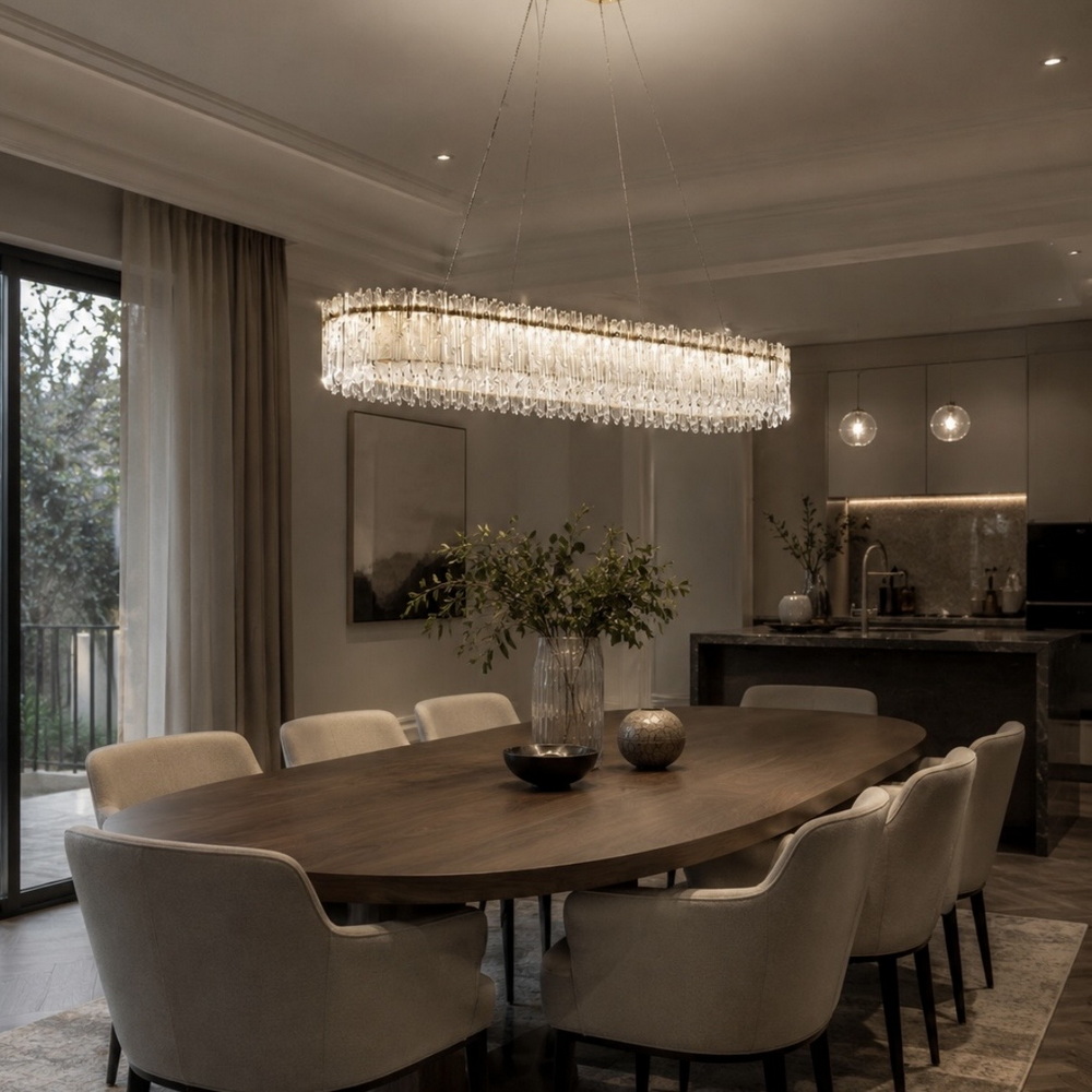 LED chandelier over the table L1000 with crystal and sugar glass
