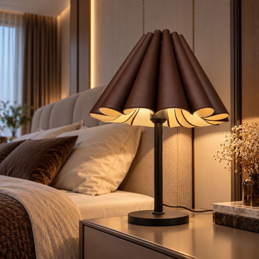 Table lamp "Leather" with a lampshade made of brown eco-leather - Image 3